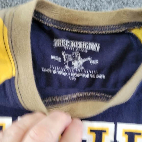 True Religion Graphic World Tour T-Shirt Navy Blue w/ Camo Sleeves Large - Picture 2 of 6